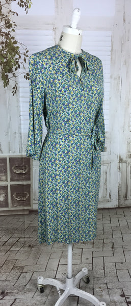 Original 1940s Vintage Volup Floral Blue Yellow Green Print Rayon Crepe Dress With Tie Belt