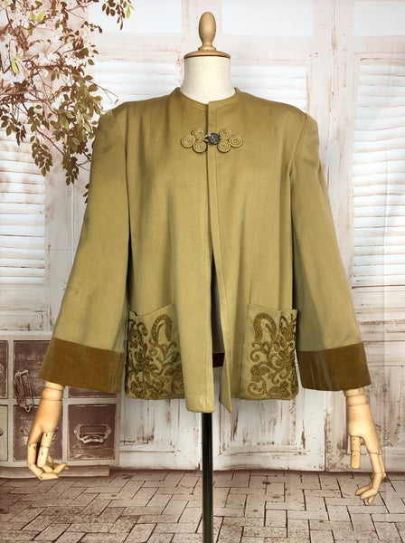 Exceptional Original 1940s Vintage Swing Coat With Huge Shoulders And Gold Lamé Soutache Pockets