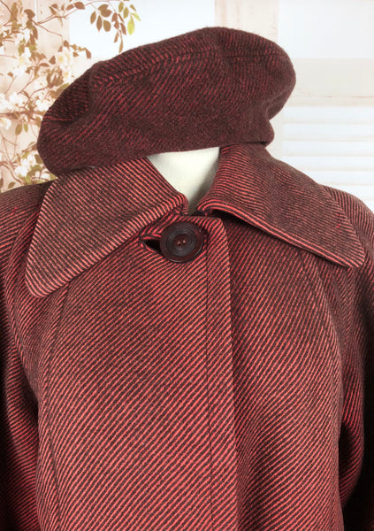 Original 1940s 40s Vintage Red Self Striped Wool Coat With Matching Beret Hat