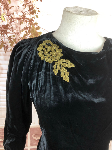 Original Late 1930s 30s Early 1940s 40s Vintage Silk Velvet Evening Gown With Gold Soutache Appliqué