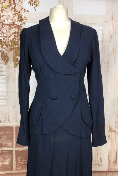 Original 1930s 30s Vintage Navy Blue Textured Crepe Skirt Suit