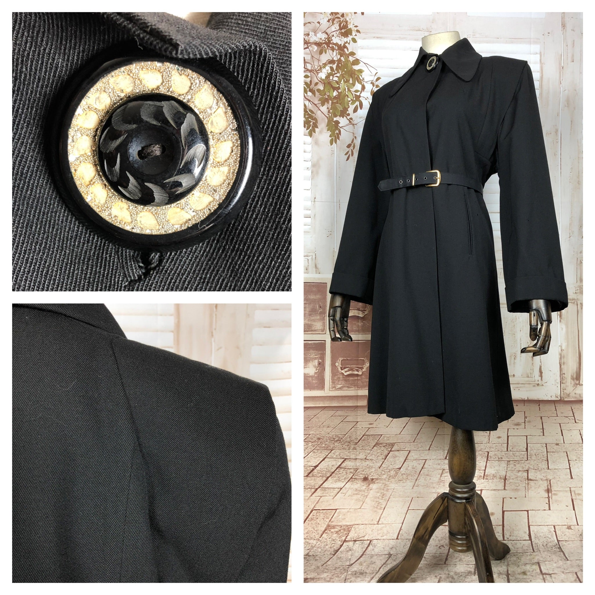 Fabulous Original 1940s 40s Vintage Black Belted Swing Coat