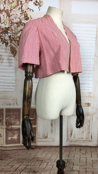 Original Vintage 1940s 40s Red Candy Striped Cropped Bolero Jacket