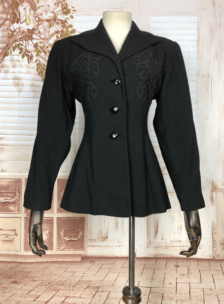 Beautiful Original 1940s 40s Black Crepe Blazer With Soutache Embroidery By Ni-Nel