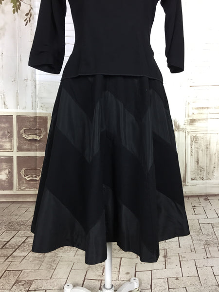 Original 1940s Black Wool And Taffeta New Look Skirt Suit With Chevron Stripe Skirt By Junior House USA