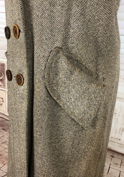 Original Vintage Late 1940s 40s Tweed Storm Coat With Faux Fur Collar