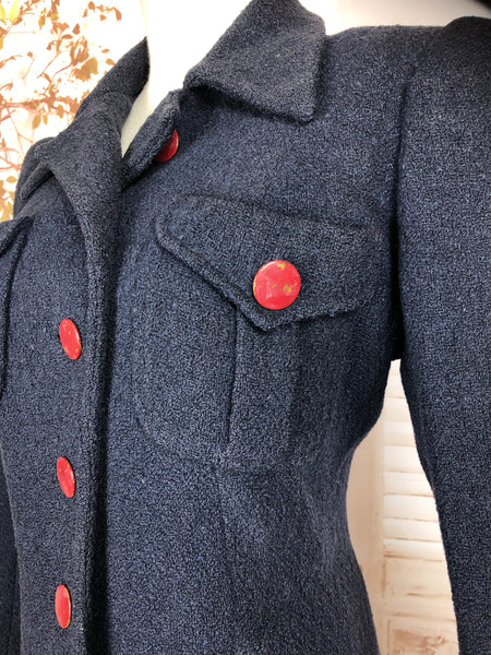 Super Rare Late 1930s / Early 1940s Wartime Vintage Navy Puff Sleeve Coat By Hattie Carnegie