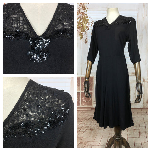 Stunning Original Volup Vintage 1940s 40s Little Black Dress With Lace And Sequins