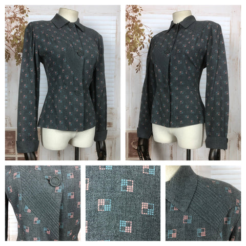 Beautiful Original 1940s 40s Vintage Darl Grey Blazer With Pink And Blue Squares