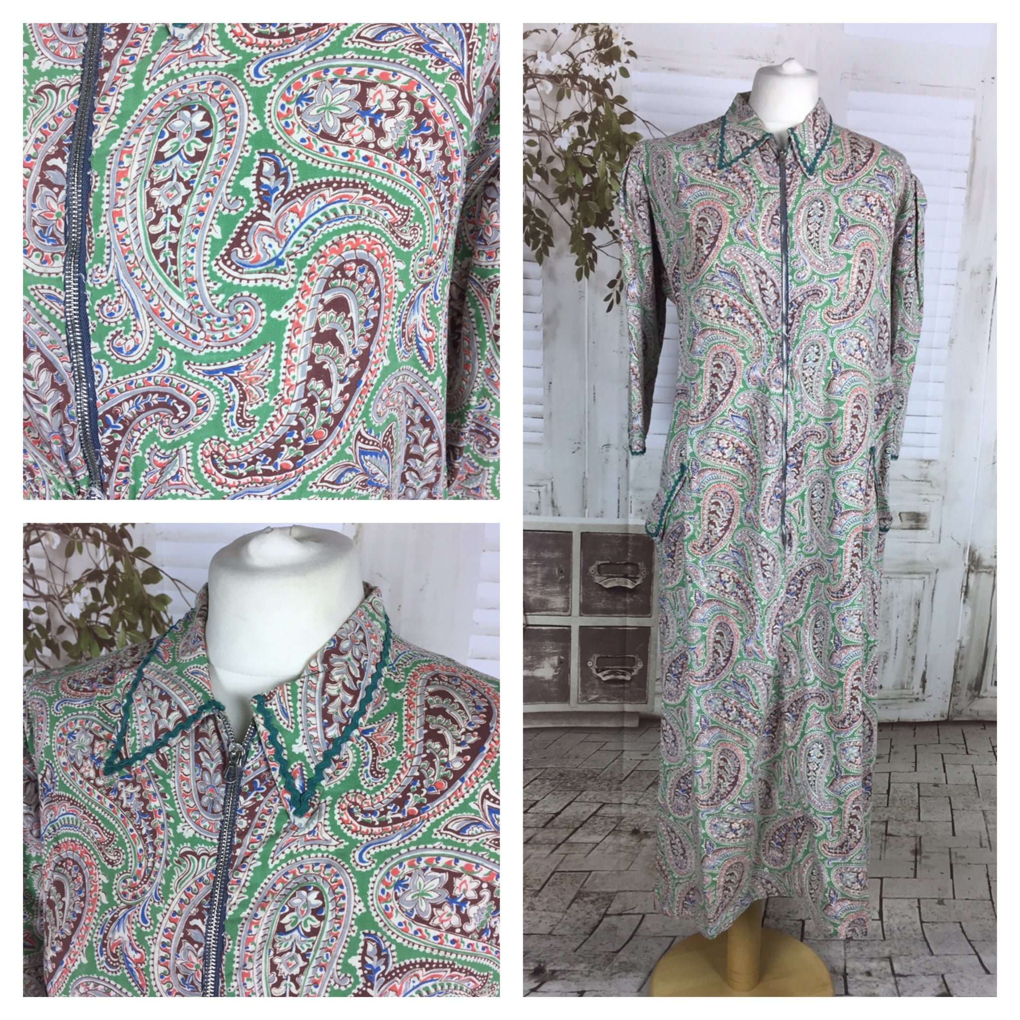 Original 1950s Volup Vintage Green Paisley Housedress