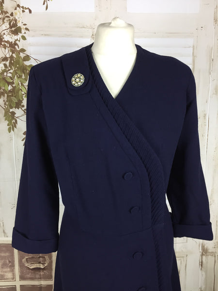 Original 1940s 40s Volup Vintage Navy Blue Wool Asymmetric Pin Tucked Day Dress