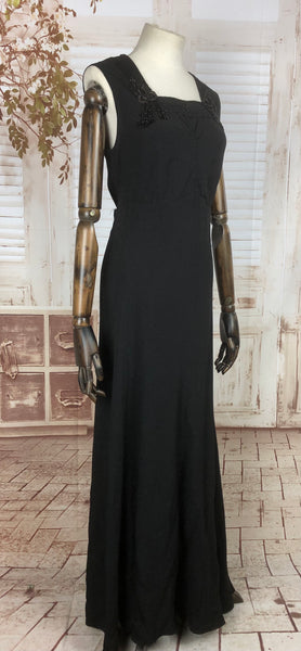 Original 1930s 30s Vintage Black Crepe Evening Gown With Beaded Passementerie Tassels
