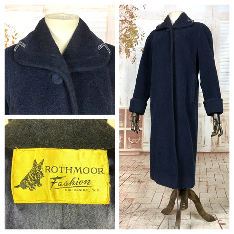 Navy Blue Original Late 1940s 40s Vintage Coat With Beaded V Collar By Rothmoor