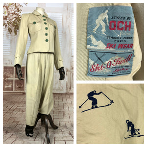 Super Rare Original 1940s 40s Vintage Cream And Green Ski Suit With Fabulous Lining