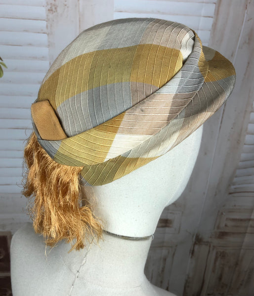 Original Vintage Late 1940s 40s Mustard Yellow And Grey Plaid Hat