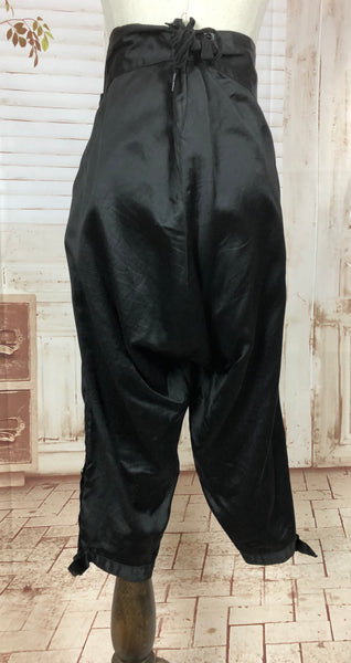 Original Victorian Vintage Black Satin Fall Front Livery Breeches Trousers