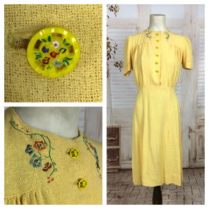 Original Vintage 1930s 30s Yellow Cotton Summer Dress With Puff Sleeves Painted Buttons And Embroidered Flowers