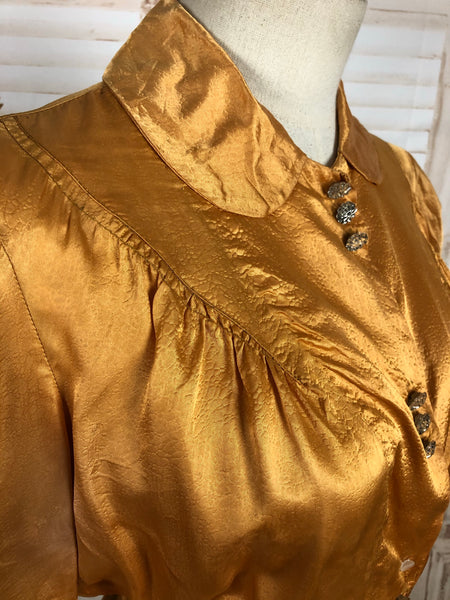 Original Vintage 1930s 30s Satin Gold Blouse With Lizard Texture And Puff Sleeves