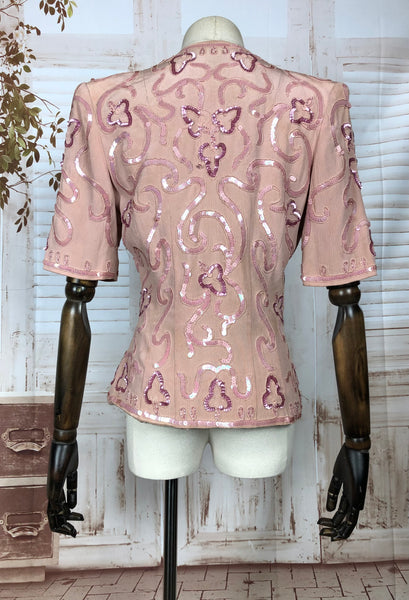 Stunning Original Late 1930s 30s Vintage Pastel Pink Crepe Blouse With Sequins And Soutache Worn By Dorothy Hart
