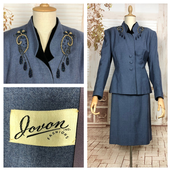 Fabulous Original Late 1940s Volup Vintage Steel Blue Beaded Skirt Suit