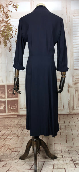 Original 1940s 40s Vintage Navy Blue Dress With Beautiful Printed Centre Panel By Young Viewpoint