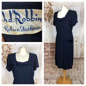 Original 1940s 40s Vintage Midnight Blue Day Dress With Stripe Panels And Velvet Ribbons By Robin Fashions