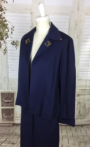 Original 1950s Navy Blue Vintage Wool Skirt Suit With Brass Collar Studs By Botany USA