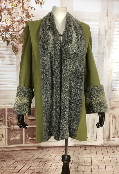 LAYAWAY PAYMENT 1 OF 2 - RESERVED FOR VICKY -Original Vintage 1940s 40s Chartreuse Green Swing Coat With Astrakhan Trim