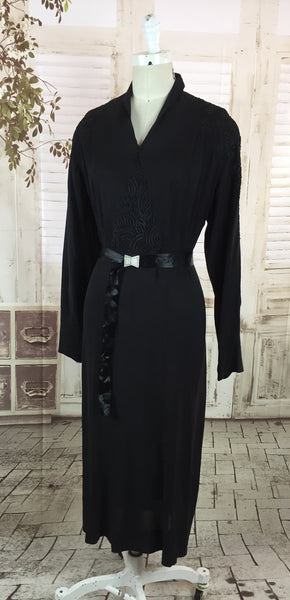 LAYAWAY PAYMENT 2 OF 2 - RESERVED FOR JODY - Original 1930s Vintage Black Crepe Dress With Diamante Satin Belt And Soutache Panels By Sheilla Belle Chicago