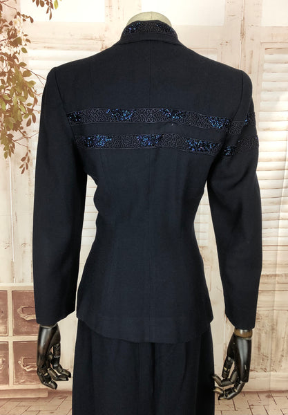 Incredible Beaded Soutache 1940s 40s Navy Blue Vintage Arrow Suit