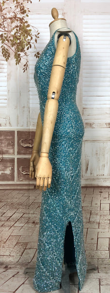 LAYAWAY PAYMENT 1 OF 5 - RESERVED FOR LINDSAY - Exceptional Original 1950s Vintage Fully Beaded Turquoise Gown Hollywood Dress Unlabelled Gene Shelly