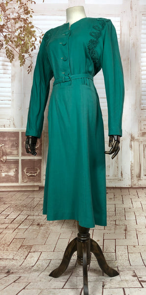 Incredibly Vibrant Original 1940s 40s Vintage Emerald Green Soutache Dress