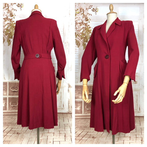 Rare Original 1940s Vintage Red Belt Back Fit And Flare Princess Coat
