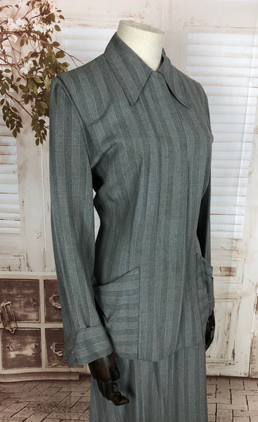 Original 1940s 40s Vintage Grey And Blue Striped Gabardine Skirt Suit