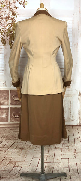 Exceptional Original 1940s Vintage Tan And Brown Colour Block Skirt Suit