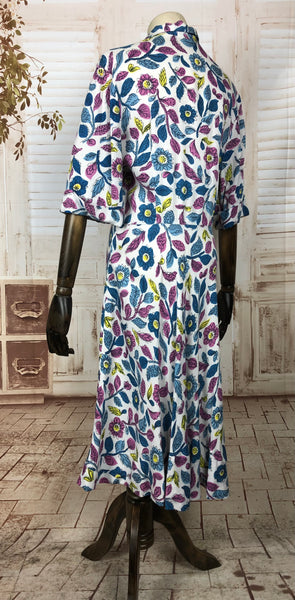 Fabulous Original 1940s 40s Vintage Blue Pink And Yellow Floral Print Cotton Day Dress