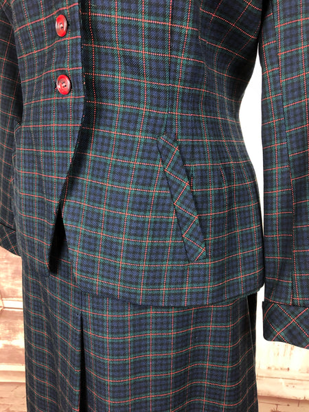 Original 1940s 40s Vintage Green Blue Red Plaid Wool Skirt Suit By Billy Lewis