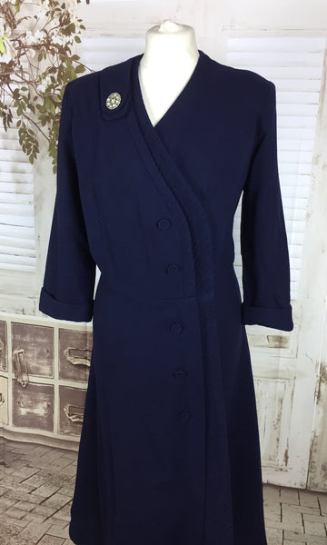 Original 1940s 40s Volup Vintage Navy Blue Wool Asymmetric Pin Tucked Day Dress