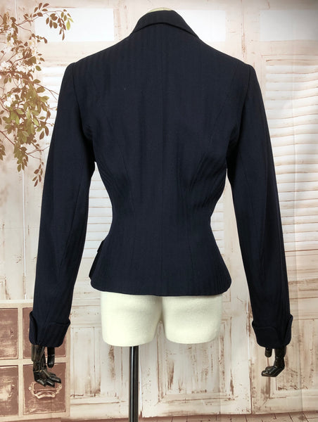 Amazing Original 1940s 40s Navy Blue Vintage Self Stripe Blazer With Arrow Detailing