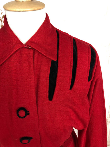 Amazing Original 1940s Vintage Red Belted Suit With Black Accents By Juliette Originals