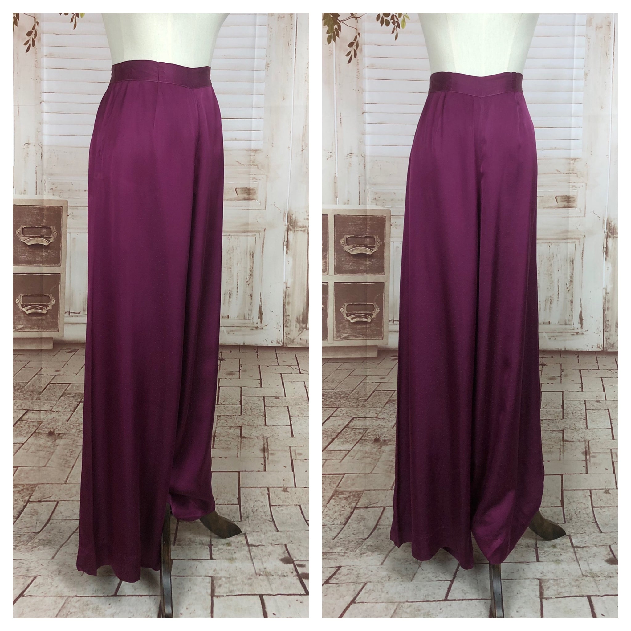 Original 1930s 30s Vintage Magenta Satin Cocktail Pyjama Trousers