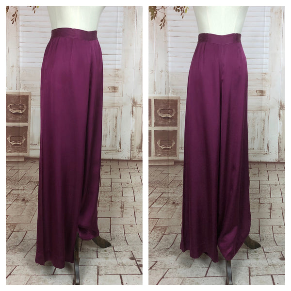 Original 1930s 30s Vintage Magenta Satin Cocktail Pyjama Trousers