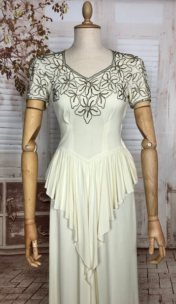 Incredible Original Late 1930s / Early 1940s White Evening Gown / Wedding Dress With Lamé Soutache And Waterfall Peplum