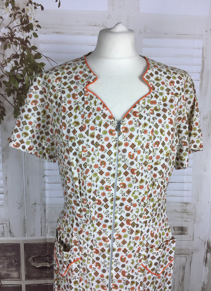 Original 1950s 50s Volup Vintage Cotton House Dress With Orange Novelty Print By Nip And Tuck