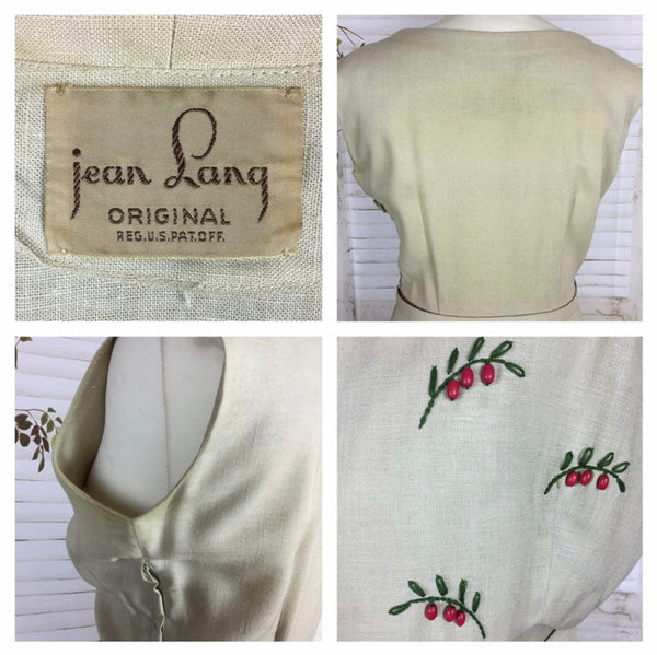 Original 1950s Vintage Stone Coloured Linen Dress And Bolero Set With Red Bead Berries And Green Embroidered Stems By Jean Lang
