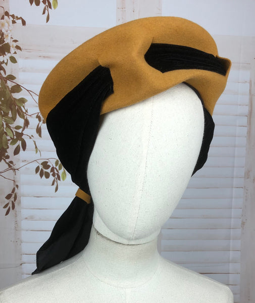 LAYAWAY PAYMENT 1 of 2 - RESERVED FOR KATIE - Rare Original 1940s 40s Vintage Mustard Yellow Felt Hat With A Black Velvet Wimple Exhibited In The Imperial War Museum