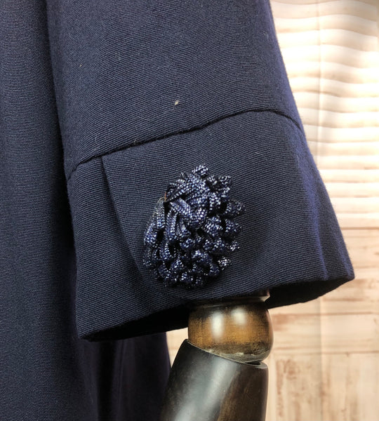 Original Late 1940s 40s True Volup Vintage Navy Blue Wool And Faille Coat