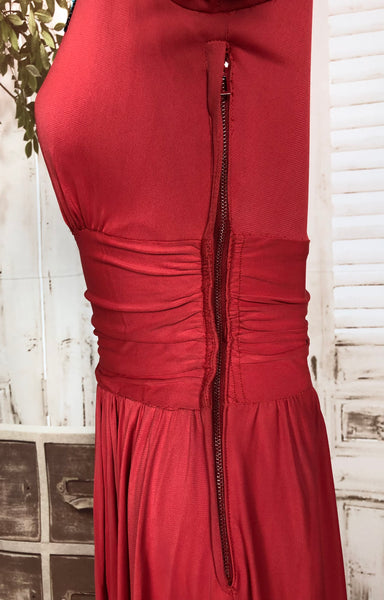 Exquisite Original 1930s Vintage Red Bias Cut And Draped Rayon Jersey Evening Gown With Amazing Beading