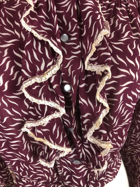 Original 1930s 30s Vintage Burgundy Printed Chiffon Blouse With Padded Shoulders And Ruffle