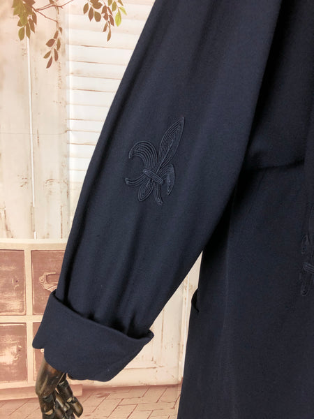 Original Late 1940s 40s Vintage Navy Blue Coat With Soutache Fleur De Lis Design By Forstmann